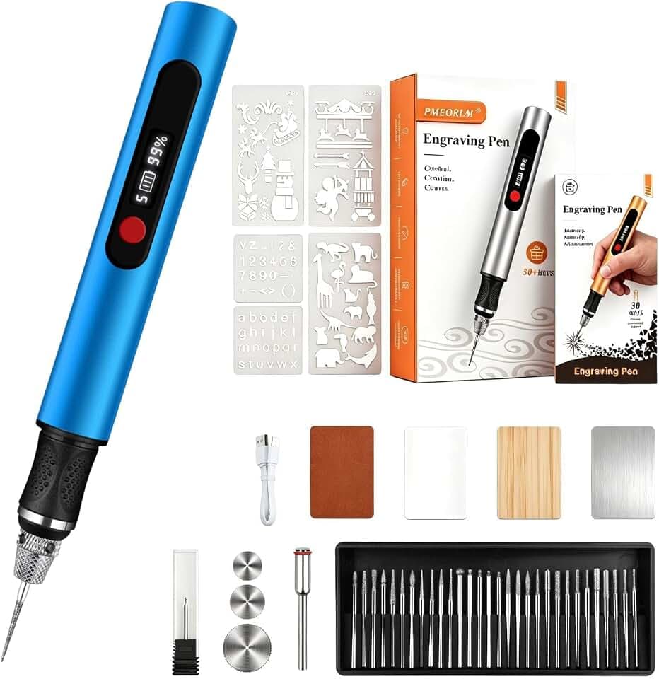 vueowcue Cordless Engraving Pen with LCD Display & Anti-Slip Grip,31 Bits & 5 Speeds, Electric Engraving Tool Kit for All Materials,Gifts for Artists, DIYers, Beginner, Blue