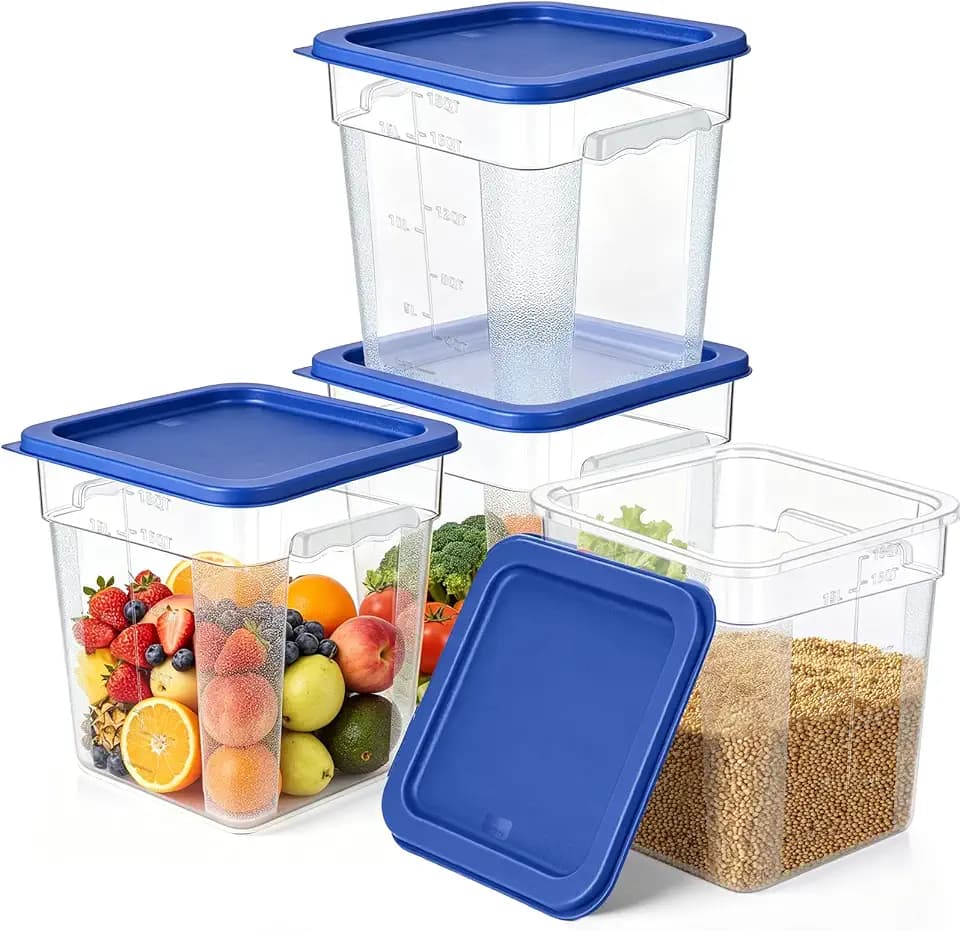 4Pack - 18QT Food Storage Containers with Lids & Handles, Polycarbonate Clear Airtight Food Container with Scale Marks for Bread Proofing, Flour, Commercial Grade, Restaurant & Kitchen, Square, Blue