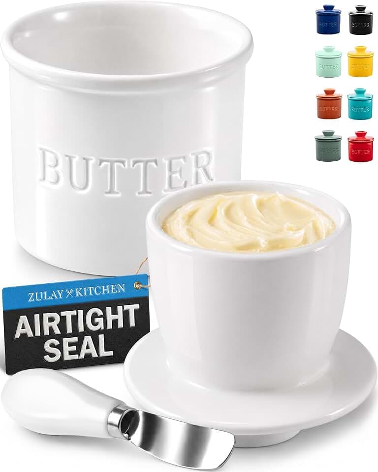 Zulay Kitchen Bell Shaped Butter Crock with Lid for Countertop with Water Line & Spreader Knife, Ceramic French Butter Dish Keeper For Fresh, Soft & Spreadable Butter - White