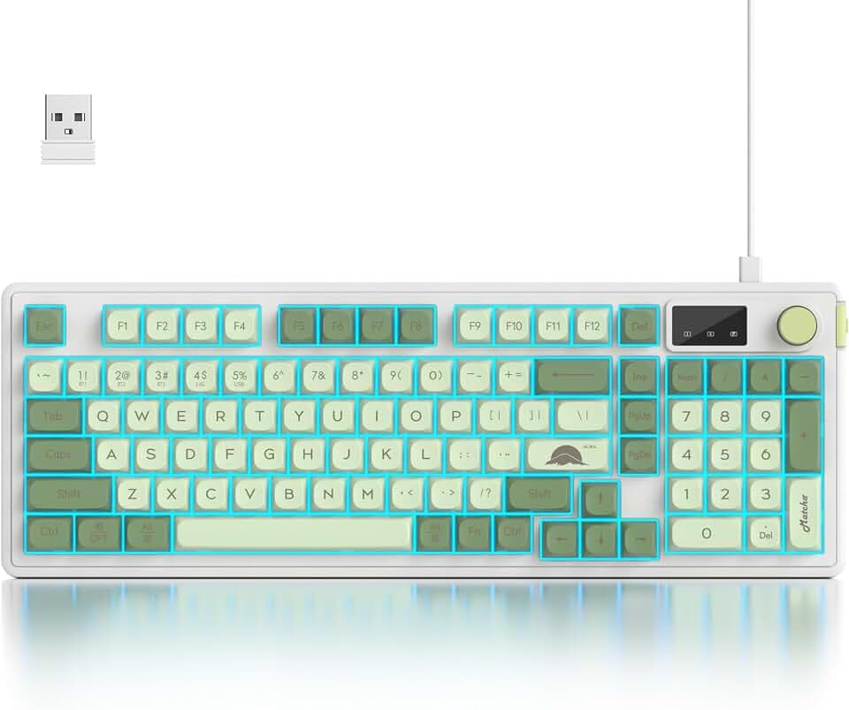 Fogruaden 96% Wireless Green Keyboard with Number Pad and Knob, Mechanical Feel, RGB Quiet Matcha Membrane Gaming Keyboard, Spill-Resistant, 3-Modes USB Rechargeable Silent Creamy Keyboard for Win/Mac