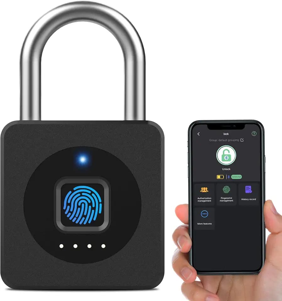 eLinkSmart Fingerprint Gym Locker Lock, Keyless Biometric Padlock, Weatherproof Digital Bluetooth App Smart Combination Pad Lock for Outdoor Fence Gate School Storage Unit Pool Shed - Black
