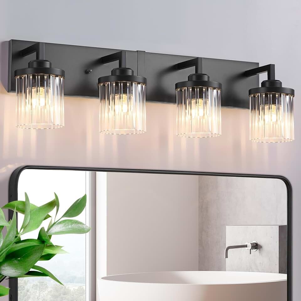 4-Light Black Bathroom Vanity Light, 27.9 inch, Crystal Glass Shades