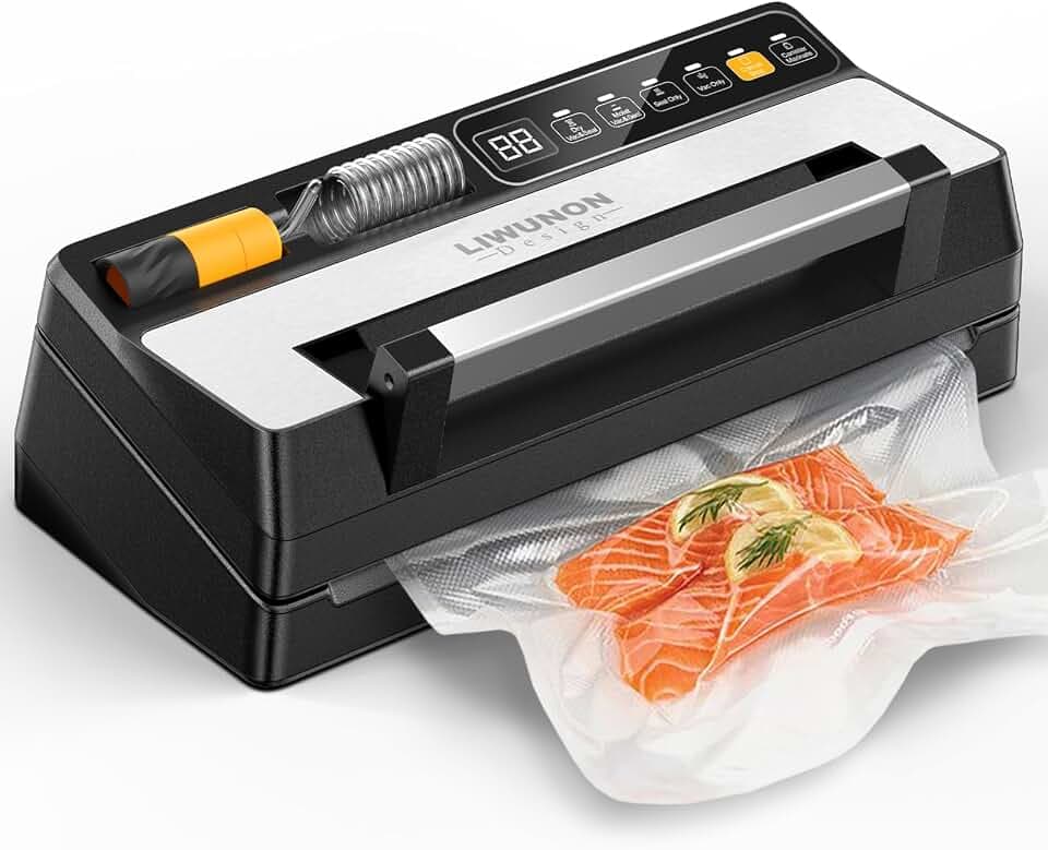 Food Vacuum Sealer Machine for Textured and Valve Bags, Strong Suction Pump, Dual Heat Seal for Dry and Moist Food, One-Hand Lock, Built-in Cutter & Bag Storage, Canister and Marinate Modes