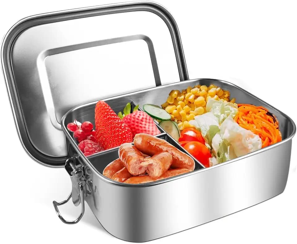 HOSPAOP Edelstahl Brotdose mit Fächern, 1400ml Lunchbox Metall Vesperdose Auslaufsicher mit 3 Fächern, Bento Box Jausenbox Brotbox für Kinder Erwachsene
