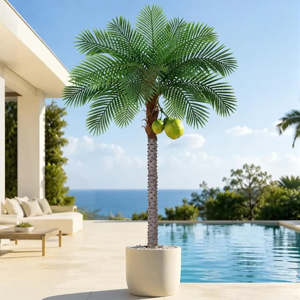 7ft Tall Artificial Phoenix Palm Tree with 3 Coconut Fruits, Large Fake Tropical Silk Tree Outside, Fake Tree Perfect for Indoor Outdoor Patio Poolside Yard Doorway Home Office Decor