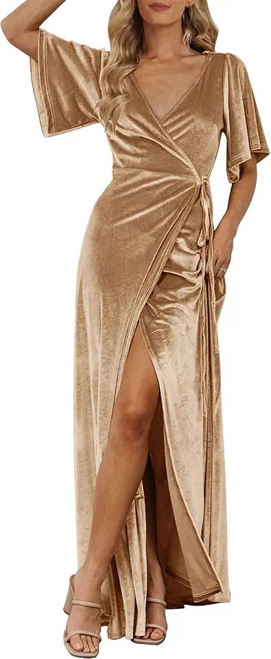 MEROKEETY Damen Abendkleid mit V-Ausschnitt aus Samt Weich