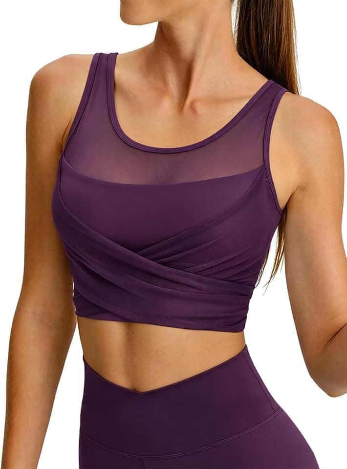 BERLOOK Tank Tops with Built in Bra Women Crop Wrap Workout Mesh Sports Bra