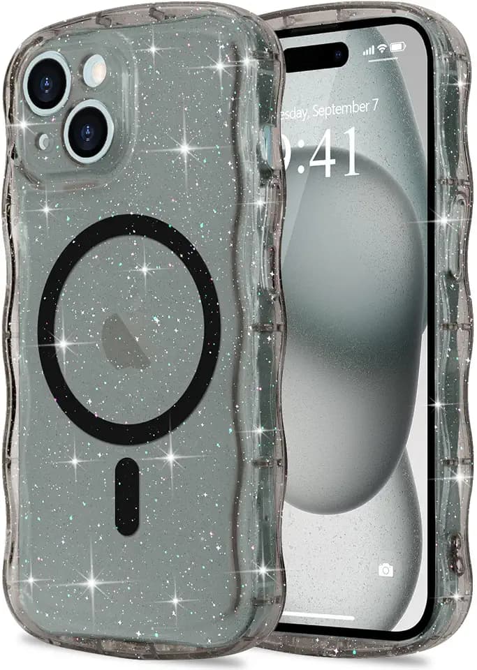 Pepmune Magnetic for iPhone 15 Plus Case Clear Glitter, Black