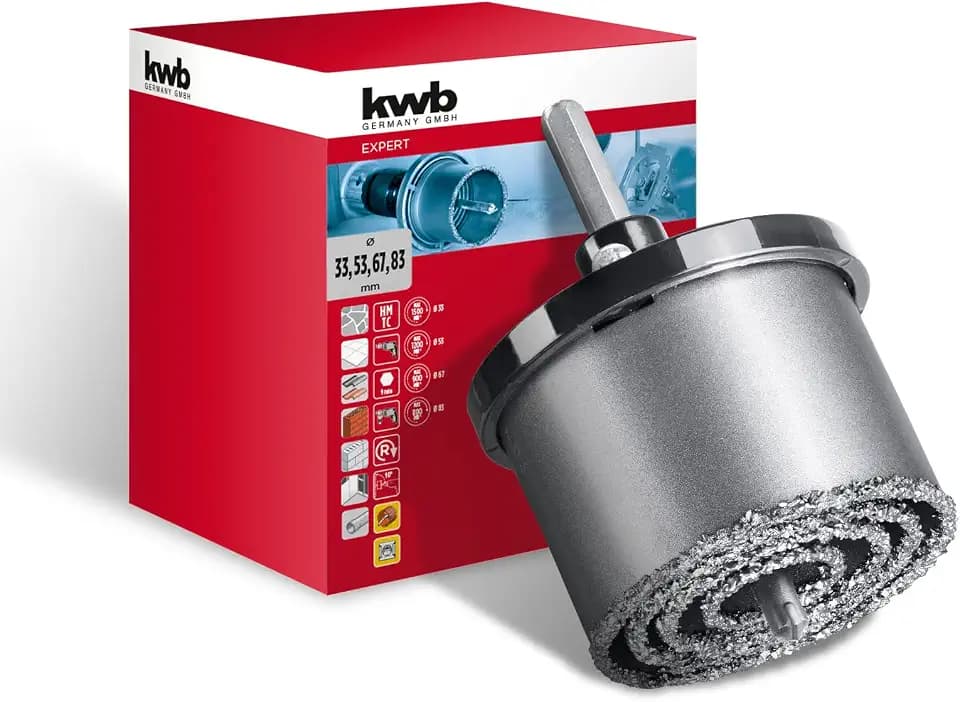 kwb 6-tlg. Lochsägen Set ø 33, 53, 67 und 83 mm mit hoher Schneidleistung, lange Lebensdauer, große Schnitttiefe, hartmetallbestückter Zentrierbohrer und Aluminium-Trägerteller