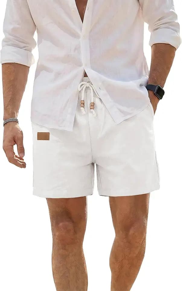Dokotoo Men Mens Casual Cotton Linen Shorts Summer Beach Shorts Lightweight Elastic Drawstring Waist with Pockets