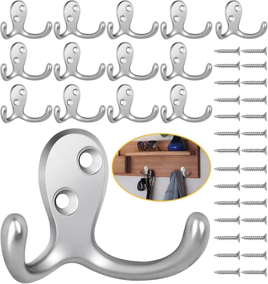 Homanu 14 Pack Silvery Coat Hooks Wall Mounted Double Prong with 28 Screws