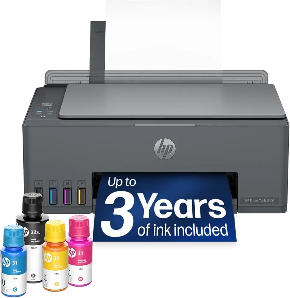 HP Smart Tank 5100 Wireless All-in-One Refillable Printer, Scanner, Copier with up to 3 Years of Ink Included, Best-for-Home, Cartridge-Free, AI-Capable (D06BLA)