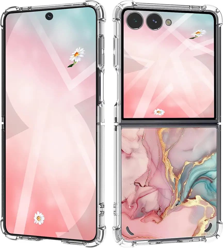 Compatible with Samsung Galaxy Z Flip 8 Case, Clear Hard PC Back with TPU Bumper, Floral Marble Print, Slim Protective Cover (Pastel Gold)