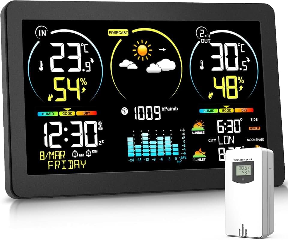 VOKSUN Wetterstation Funk mit Außensensor & Farbdisplay | Wettervorhersage, Innen/Außen-Thermometer & Hygrometer, Luftdruckmessung | Schlummerwecker, Dual-Strom (Batterie/Netzbetrieb)