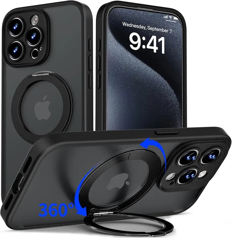 for iPhone 15 Pro Case Upgraded 360° Spin Magnetic Stand, Black