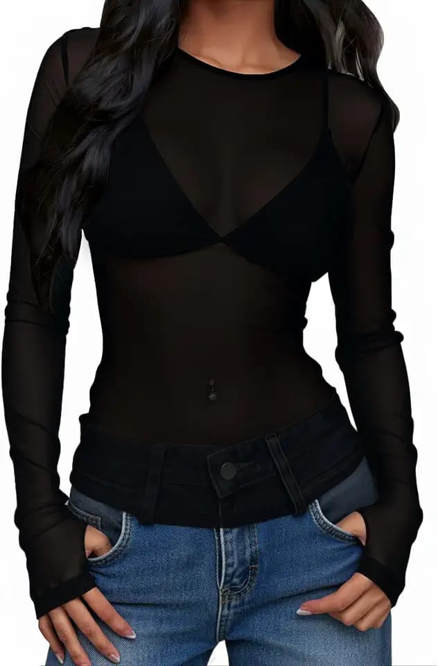 Remidoo Women Sheer Mesh Top Crewneck Long Sleeve Shirts with Thumb Hole
