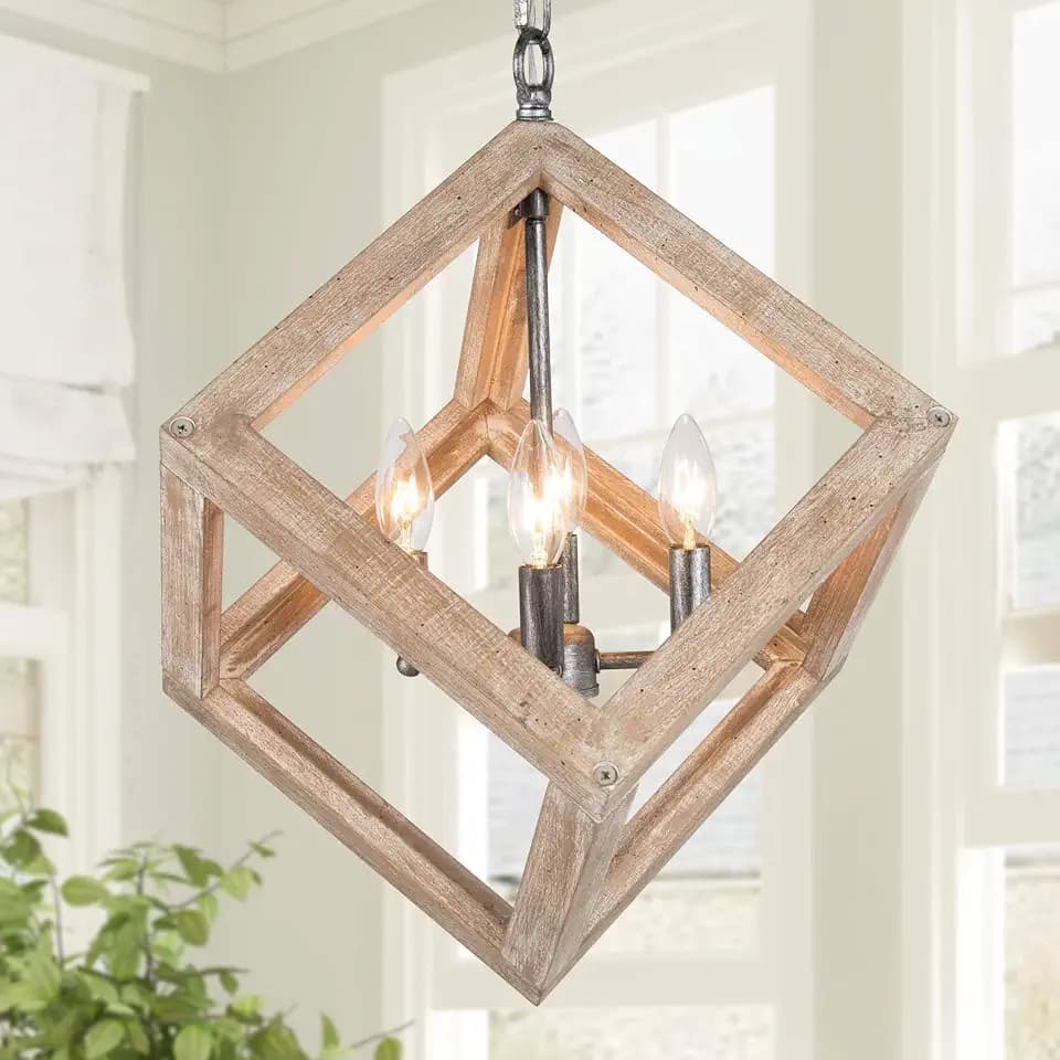 KSANA Chandeliers for Dining Room, Distressed Weathered Wood Chandelier Farmhouse 4-Light Geometric Hanging Light Fixtures for Kitchen Hallway Bedroom
