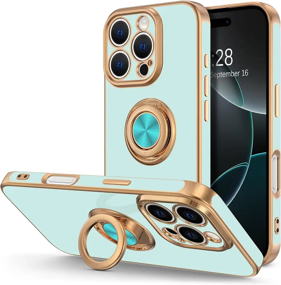 Hython for iPhone 16 Pro Case with Ring Stand, 360° Rotatable Ring Holder Magnetic Kickstand, Plating Rose Gold Edge Soft Cover Protective Phone Case for iPhone 16 Pro 6.3", Mint