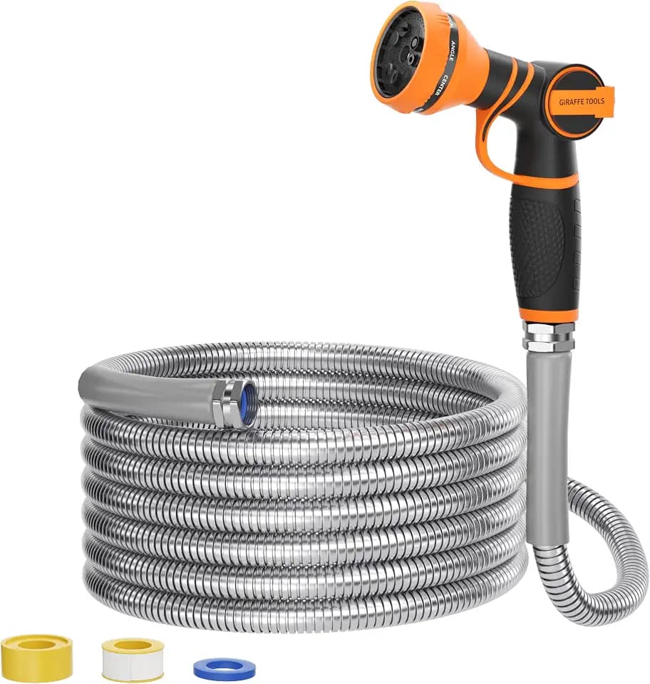Giraffe Tools Garden Hose 50ft x 3/4", 304 Stainless Steel Metal Water Hose, No Kink Garden Water Hose with 9 Pattern Spray Nozzle, Flexible, Lightweight, Kink Free Hose for Yard, Outdoor