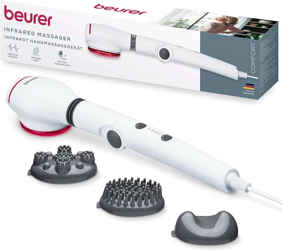 Beurer MG 44 2-in-1 Massagegerät mit zuschaltbarem Infrarotlicht, wohltuende Vibrationsmassage, 3-stufig verstellbarer Griff, inkl. 3 Massageaufsätze, 2 Intensitätsstufen, für Nacken, Rücken, Schulter