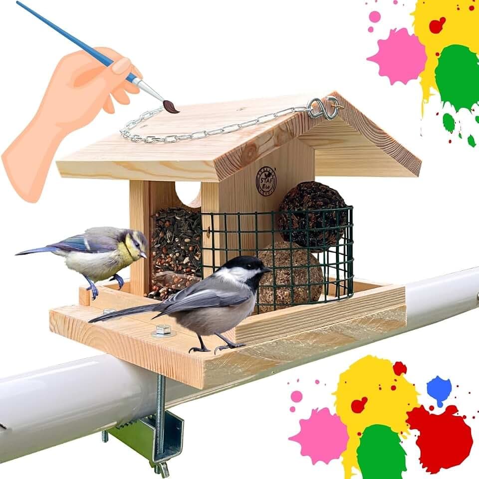 Vogelfutterhaus Vogelhaus Balkon aus natürlichem Holz mit Halterung für das Geländer und Kette zum Aufhängen am AST, Häuschen zum Selbstbemalen für Kinder DIY (Futterhaus montiert) (Bausatz 2)