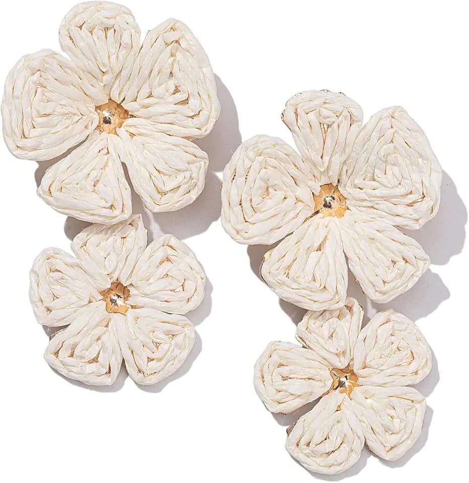 Boho Raffia Flower Drop Earrings Statement Summer Beach Vacation Jewelry