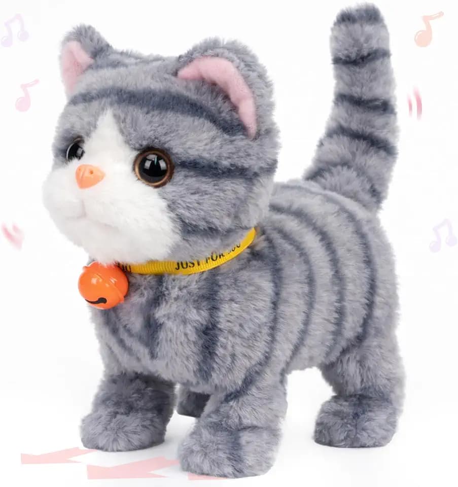 Hopearl Walking Gray Tabby Cat Interactive Electronic Pet Plush Kitty Toy with Sounds and Movements Animated Meow Shake Head Wiggle Tail Gifts for Toddlers Birthday, Gray, 7''