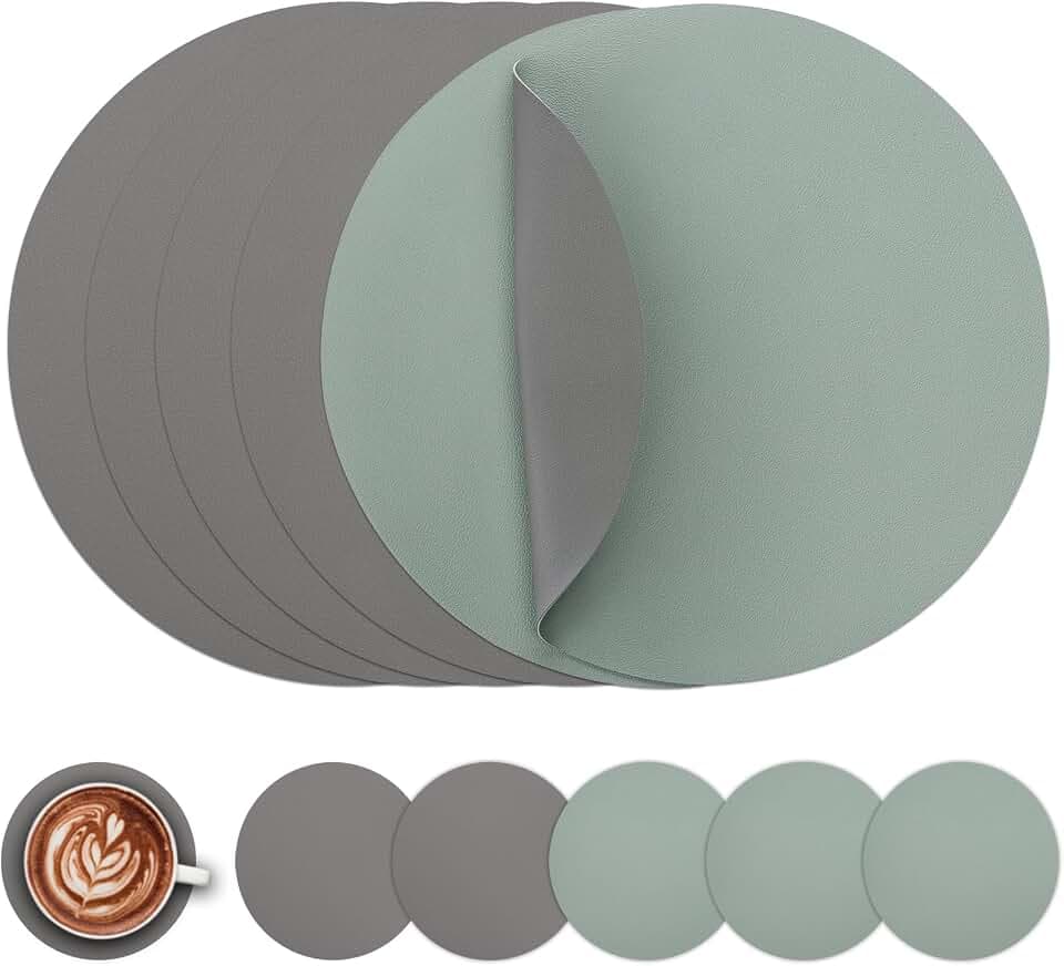 Myir JUN Tischsets abwaschbar und Untersetzer Tischsets Rund Ø 38cm | 6er Set Rund Platzsets wasserdichte Platzdeckchen abwaschbar doppelseitige rutschfeste Kunstleder Tischsets in Lederoptik