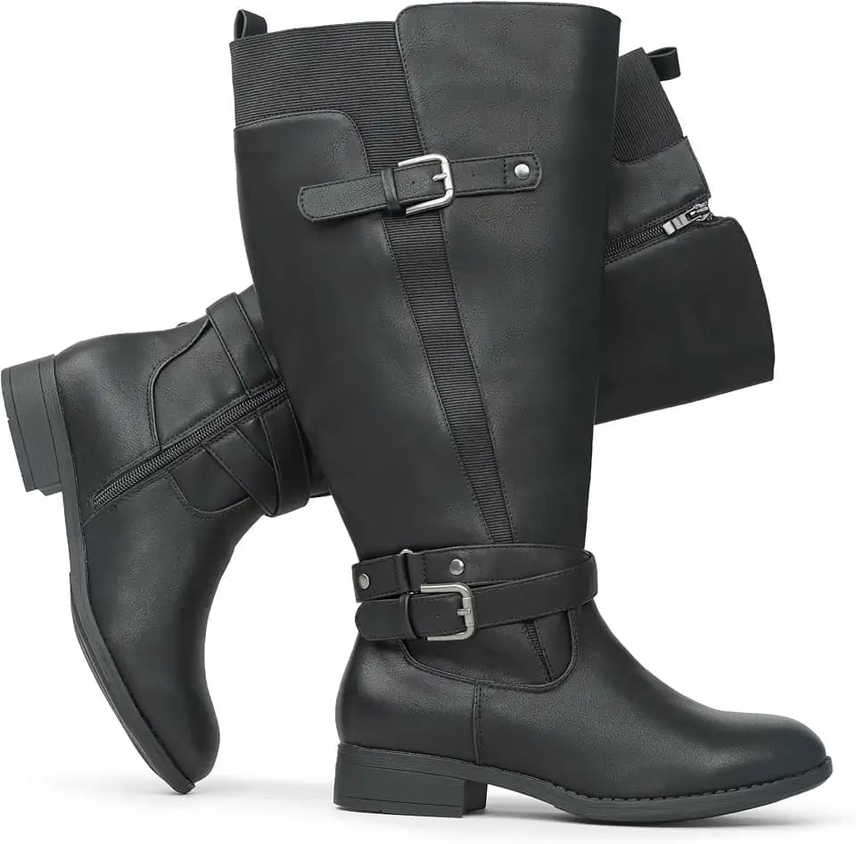 Women's Extra Wide Calf Low Heel Ankle Strap Sleek Design Knee High Riding Boots