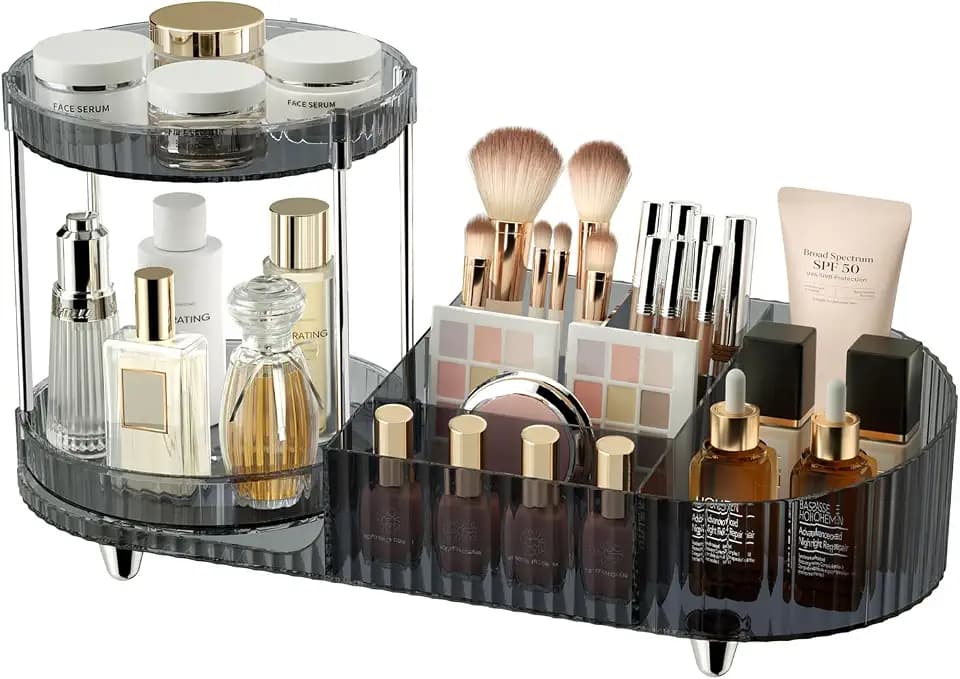360 Rotating Makeup Organizer Countertop for Vanity, 2 Perfume Tray with 5-Compartment Cosmetic and Skincare Organizers, Multi-Purpose Desk Storage Makeup Brush Holder for Bathroom Bedroom Counter