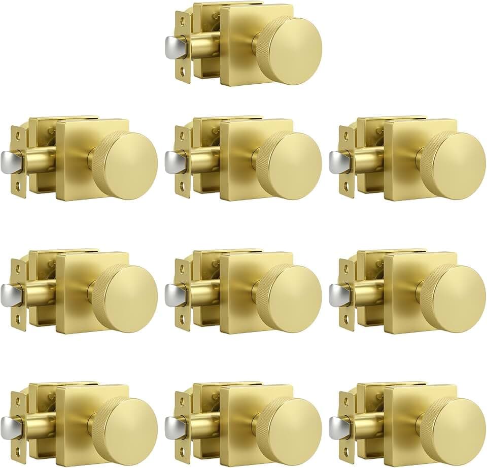 Knobonly 10 Pack Gold Closet Door Knobs Interior, Keyless Passage Door knobs(Non-Locking), Square Door Knobs for Hallway, Brass Door Handles Zinc Alloy