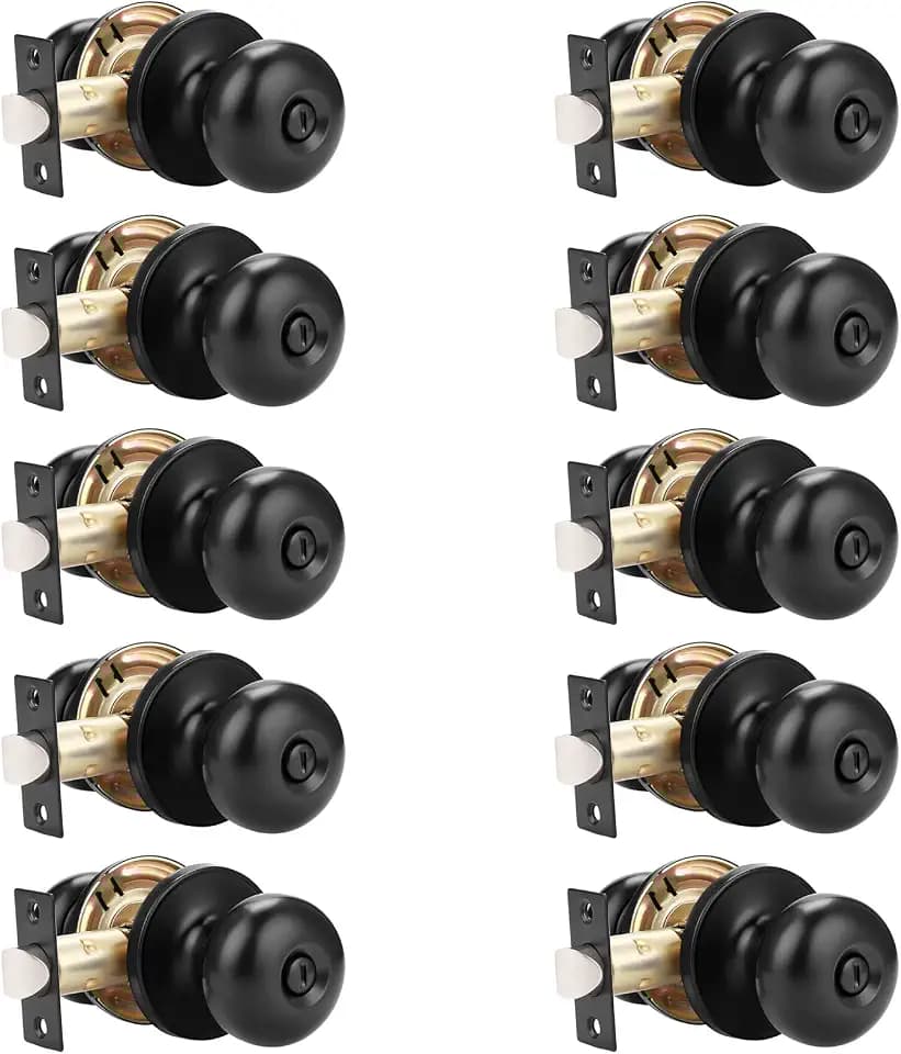 GOBEKOR 10 Pack Interior Privacy Door Knobs Matte Black Keyless Locking Door Knob Bed and Bath Door Knobs Round Door Knob with Lock