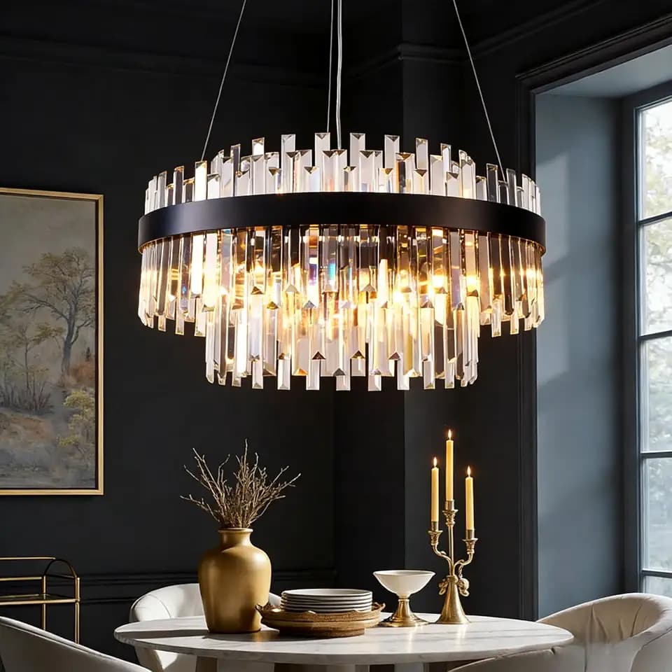 9-Light Black Crystal Chandelier, Modern Luxury Round for Dining Room