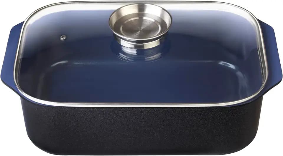 GSW Stahlwaren GmbH Rechteckiger Bräter mit Glasdeckel und Aromaknopf, 40 x 26 x 11 cm, 8 Liter, Aluguss, Blau/Schwarz/Transparent