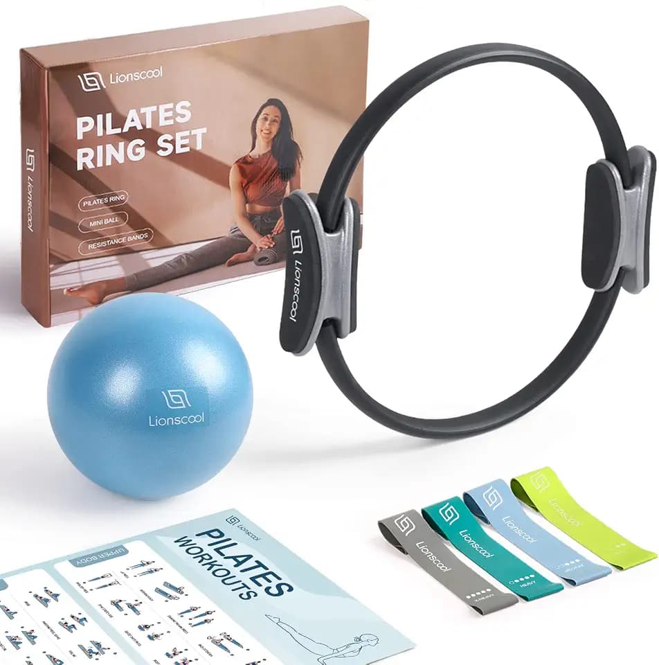 LIONSCOOL Pilates Ring Set 14" Magic Circle, 9" Mini Ball, Resistance Bands