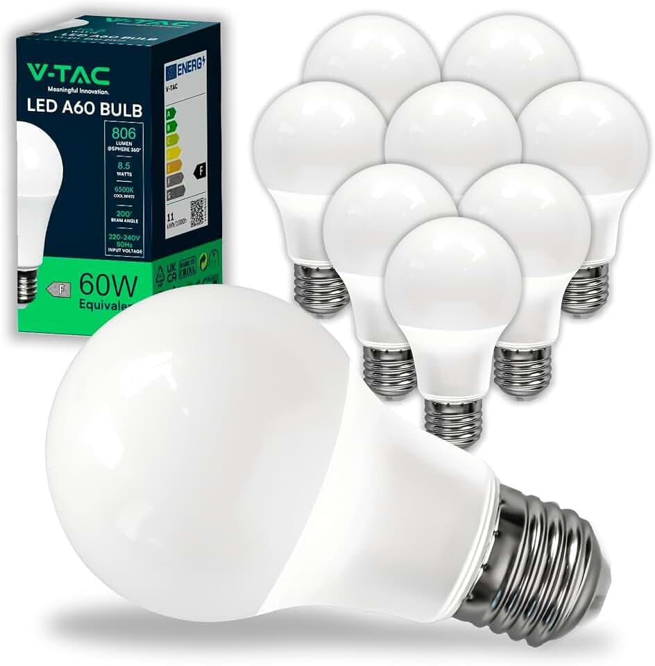 V-TAC 10x LED Glühbirne E27 8,5W (entspricht 60W) A60 - 806Lumen - Maximale Effizienz und Energieeinsparung LED Lampe 4000K Neutralweiß - LED Glühlampen