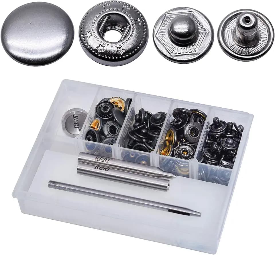 RERI Anorak Druckknöpfe und Werkzeug Kupfer Druckknöpfe Φ15mm, 12Stück Swarchz Kleidung Druckknopf mit Befestigungswerkzeug für Lederhandwerksjacke Handtasche