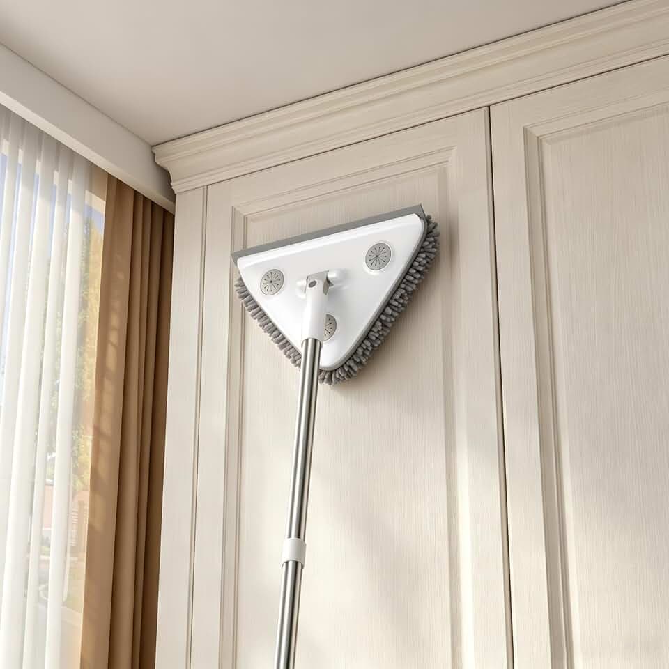 Wall Cleaner Mop with Long Handle, Baseboard Cleaner Tool with Extension Pole & Squeegee, 3-in-1 Ceiling Cleaning Tool Duster with 3 Microfiber and 3 Chenille Pads for Washing Window, Floor, Cabinet