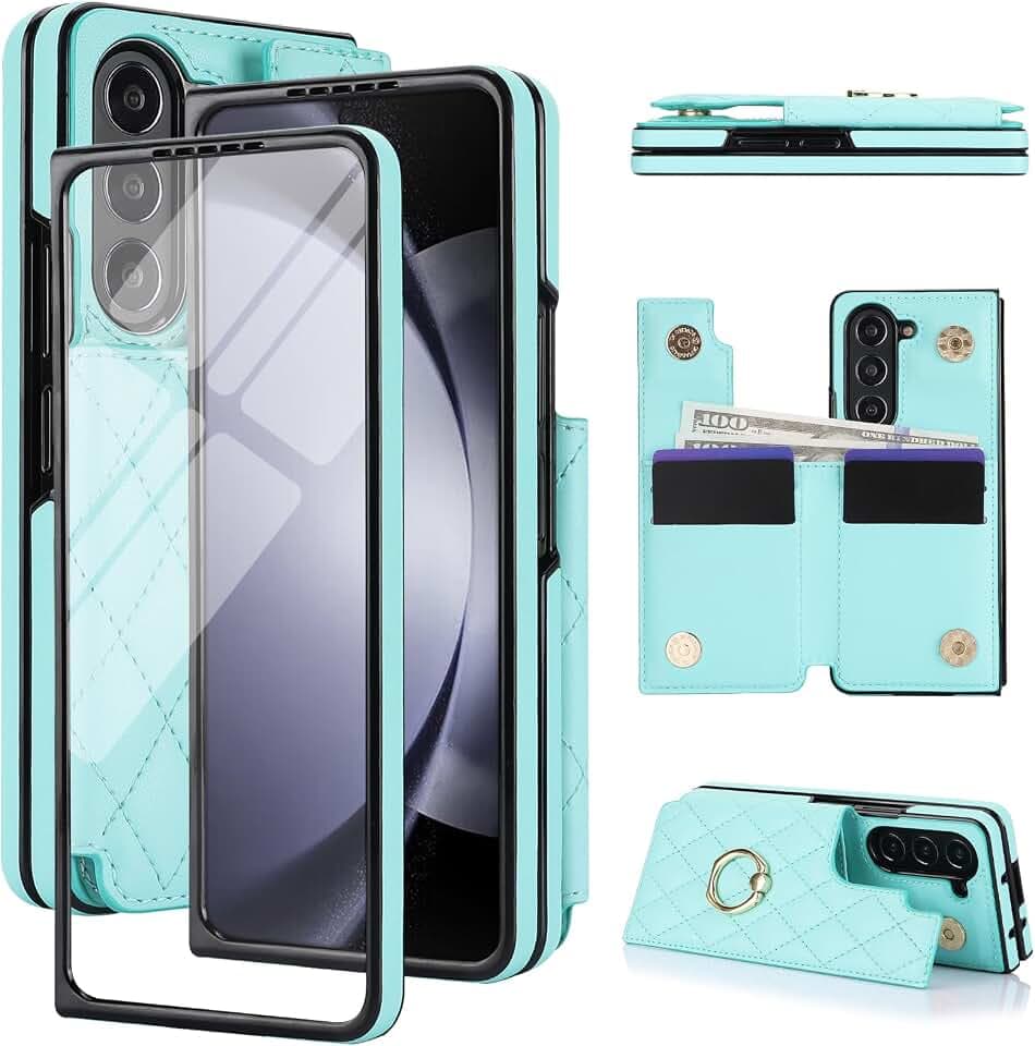 for Samsung Galaxy Z Fold 6 Wallet Case with Ring, 4 Card Slots & Cash Clip - Magnetic Clasp Closure, Front Tempered Glass Screen Protector & Reinforced Frame Protective Cover.(Green)