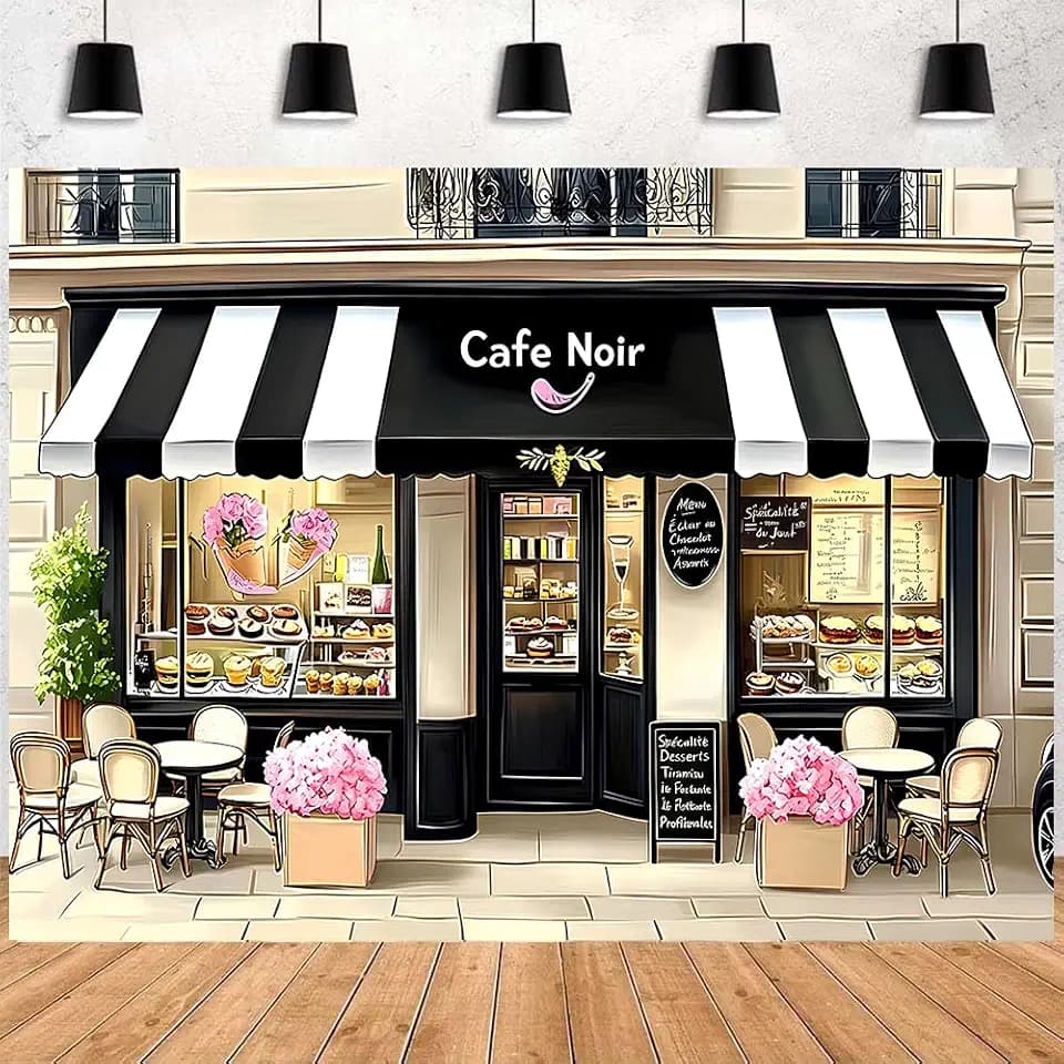 Paris Cafe Shop Birthday Party Photo Backdrop for Girls Floral French Parisian Cafe Tea Party Background Bakery Buffet Decorative Photography Backdrop Cake Table Decor Banner (A, 7x5feet)