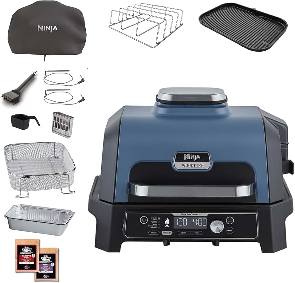 Ninja Woodfire Pro Connect XL elektrischer BBQ-Smoker-Grill, Blau/Schwarz