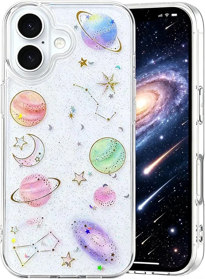 Abbery for iPhone 16 Case Cute Clear Glitter Sparkle Space Planet Design Bling Stars Moon Kawaii Durable Soft Shockproof Protective Transparent Women Girls Phone Case for iPhone 16