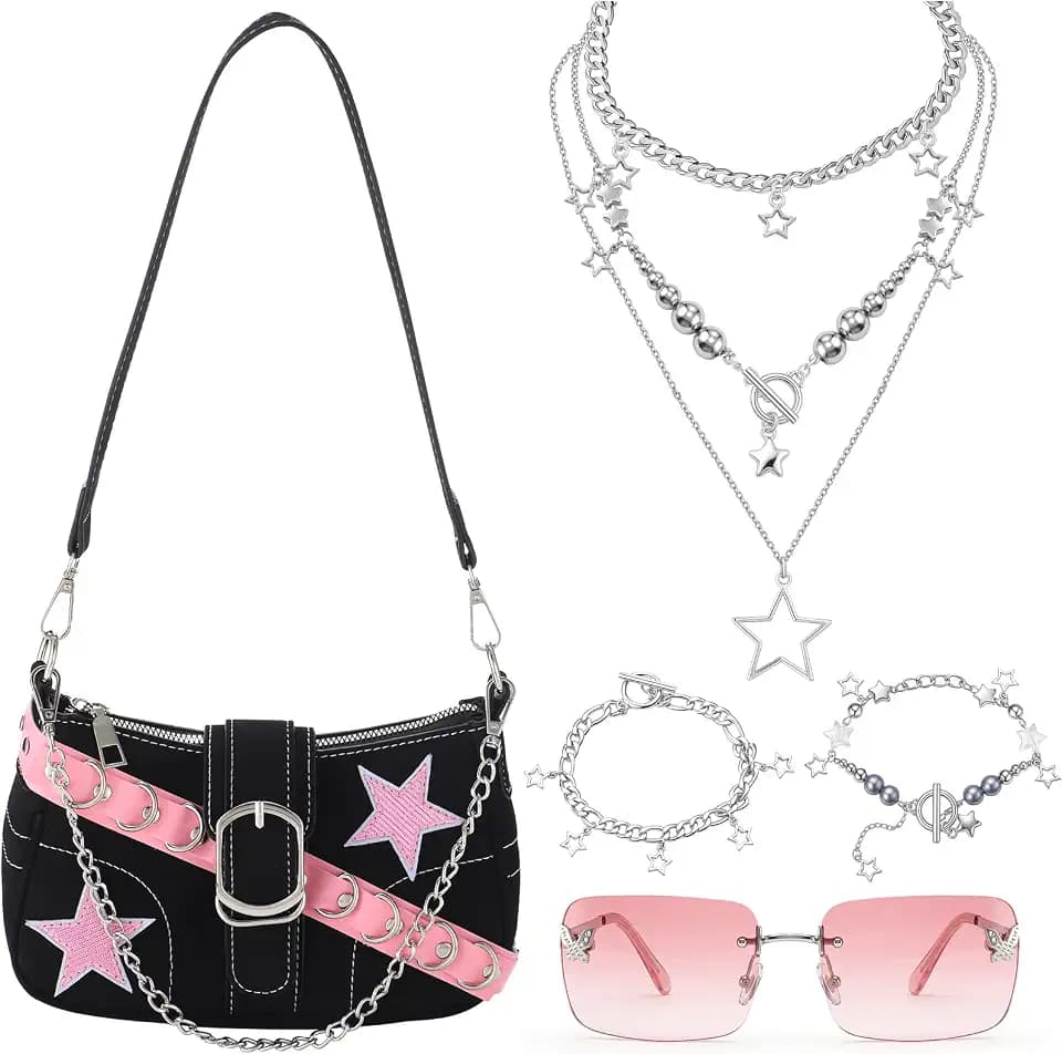 5 Pcs Y2k Punk Style Accessories Set 2000s Black Purse Star Fringe Necklace Bracelet Jewelry Set and Pink Gradient Butterfly Sunglasses for Women, Cute Y2k Outfits