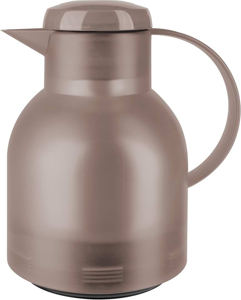 Emsa Samba Isolierkanne, 1 Liter Fassungsvermögen, Quick Press Verschluss, 100% dicht, 12h heiß und 24h kalt, mit Glaskolben, made in Germany, Transluzent/Taupe, 509820