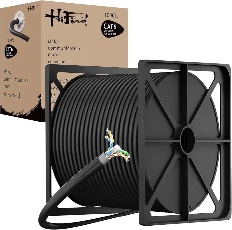 HiFind CAT 6 Outdoor Ethernet Cable Bulk 1000 Ft –Easy Pull Box, UTP High-Speed Long Network Internet RJ45 LAN Patch Wire, 24AWG Solid CCA, UV LLDPE Waterproof Direct Burial for Gaming Routers PoE