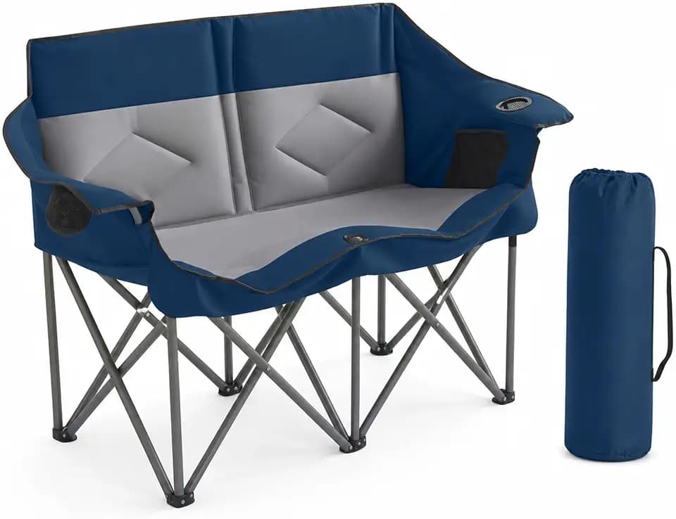 SUWT Foldable Double Camping Chair, 2 Person Heavy Duty Oversized Loveseat Supports 800 LBS, with Cup Holders & Side Pocket, 600D Oxford Fabric for Camping, Picnic, Beach (Blue & Gray)