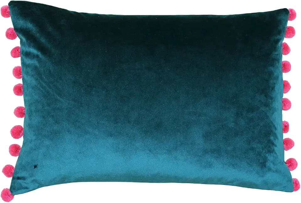 Paoletti Fiesta Rechteckige Kissenhülle – Samtoptik mit Bommelkante (Türkis/Beere – 35 x 50 cm), Teal/Berry