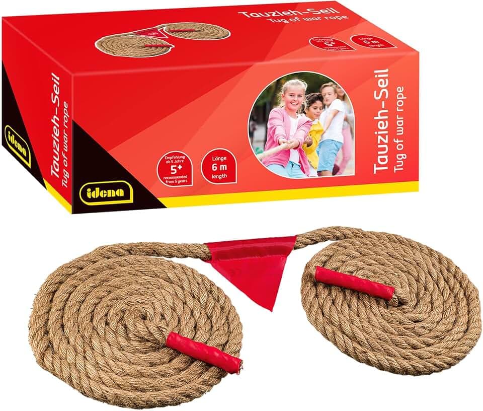 Idena 40382 - Seilspiel Tauziehen Outdoor, Länge 6 m, Durchmesser 20 mm, abnehmbare Flagge, verstärkte Enden, Gartenspiele für Erwachsene und Kinder ab 5 Jahren