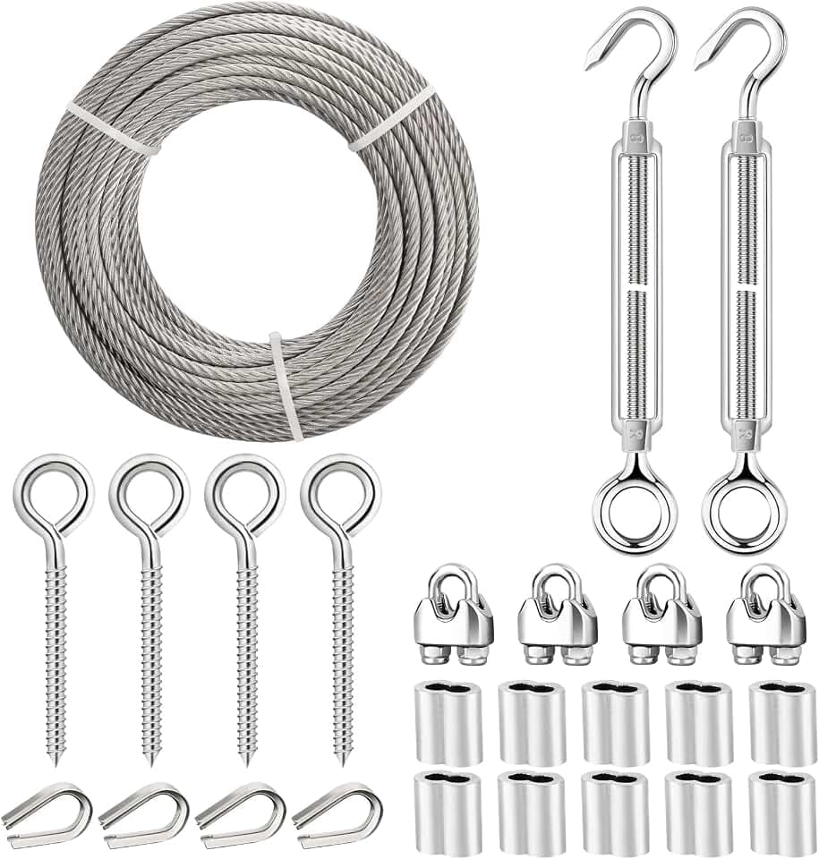 1/4 Wire Rope Kit with 50 FT 304 Stainless Steel Cable, Turnbuckle & Clamps
