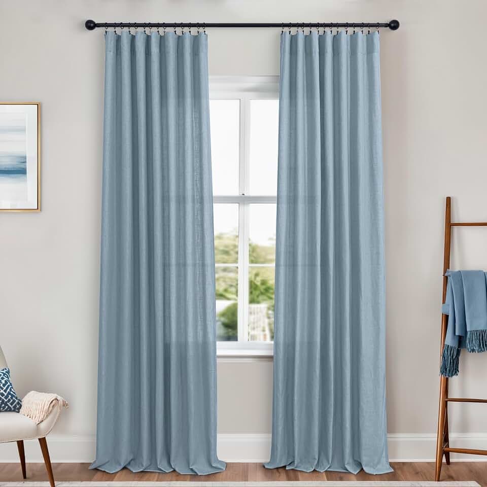 KOUFALL Blue Curtains 96 Inches Long,Dusty Stone Blue Country Vintage Semi Sheer Linen Modern Style Curtains for for Living Room Bedroom 2 Panels Set